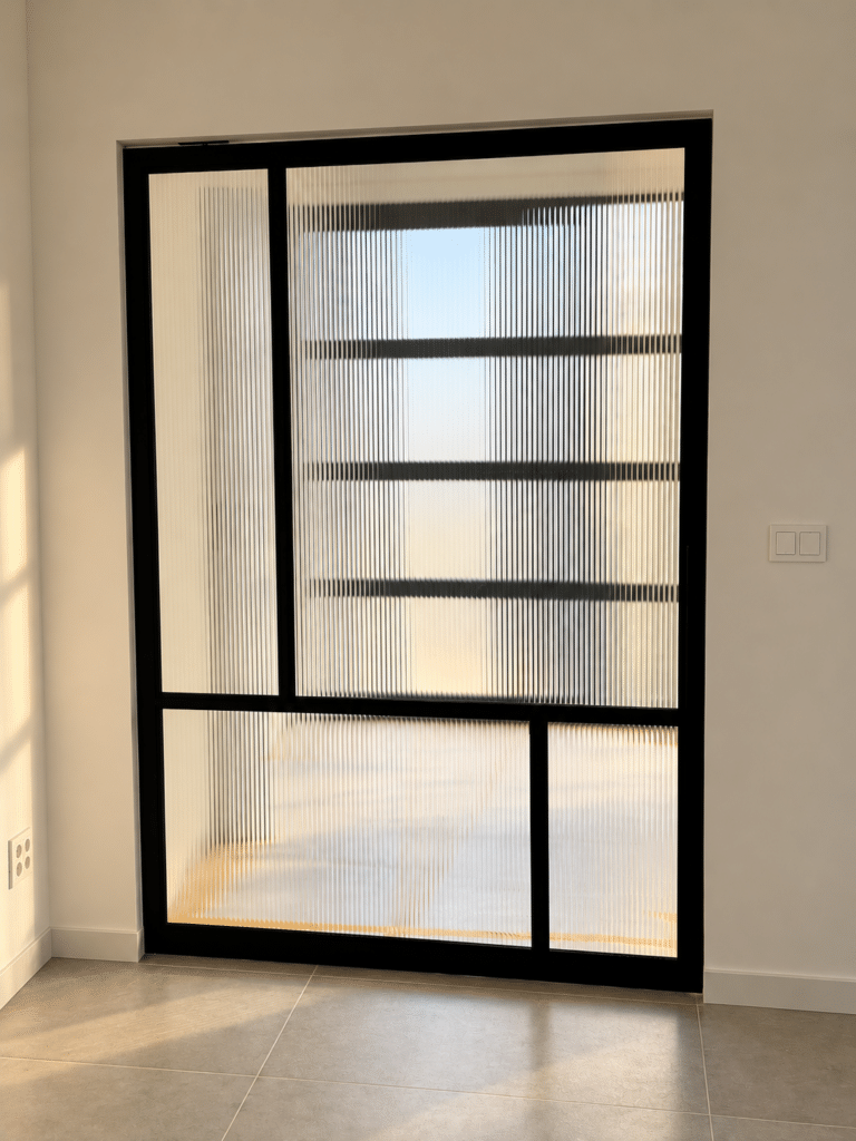Stalen binnenwand met ribbelglas en strakke indeling